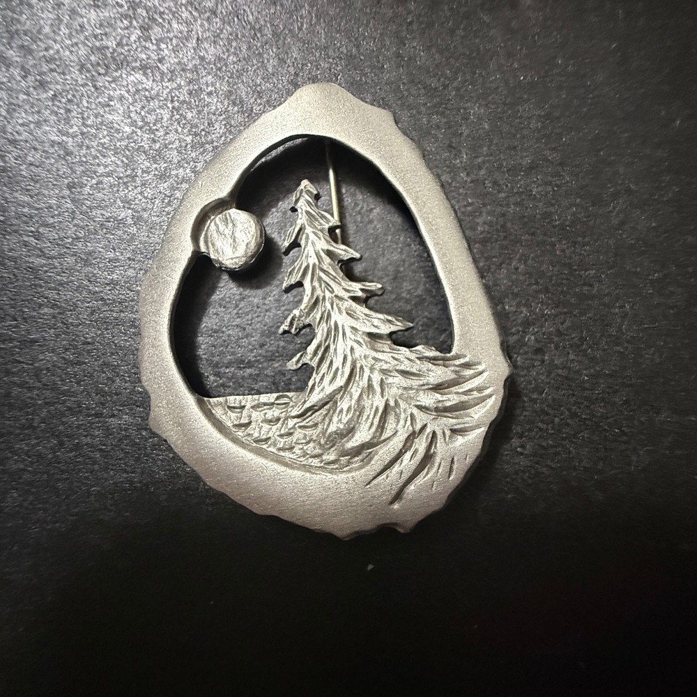Pewter Landscape Tree Moon Brooch Pin Signed Michael Charlie